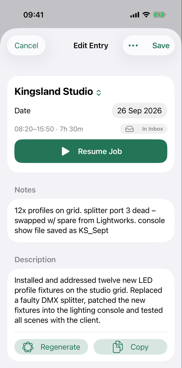 A job at Kingsland Studio with shorthand notes and a generated description, with Regenerate and Copy buttons.