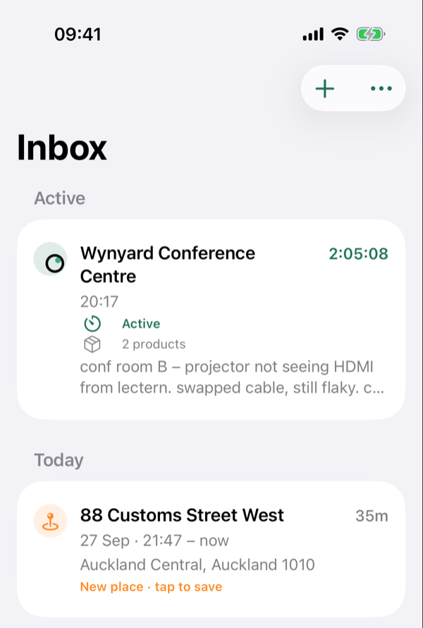 The Thereish Inbox: a running job at Wynyard Conference Centre marked with the ring-and-dot, and a new place at 88 Customs Street West waiting to be saved.