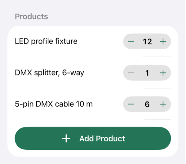 The Products list on a job: twelve LED profile fixtures, one DMX splitter and six DMX cables, with six photos attached.